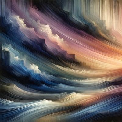 The primary subject of the image is a painting of a wave, featuring a mix of blue, purple, and pink colors. The setting is a beach, with the wave crashing onto the shore. The visual style is a digital art, illustration, or drawing, creating a vibrant and dynamic scene. The colors and mood of the painting evoke a sense of tranquility and beauty, as the wave gently rolls onto the beach.